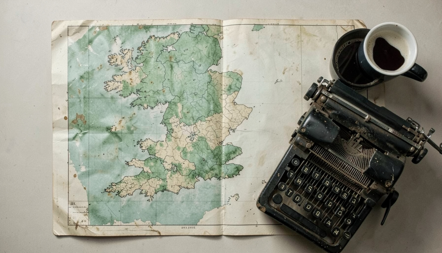 Overhead flat-lay of a weathered green and cream map of Ireland alongside an old typewriter and a cup of black coffee, muted tones giving a reflective, historical mood